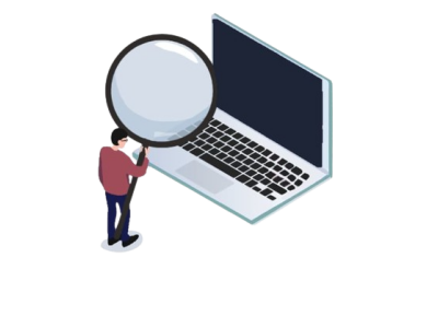 Man with magnifying glass in red looking at a laptop