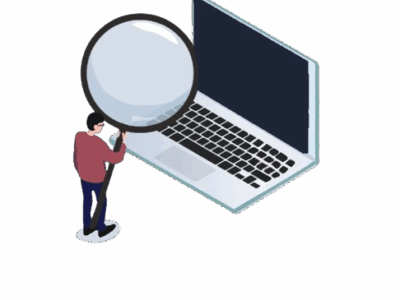 Man with magnifying glass in red looking at a laptop